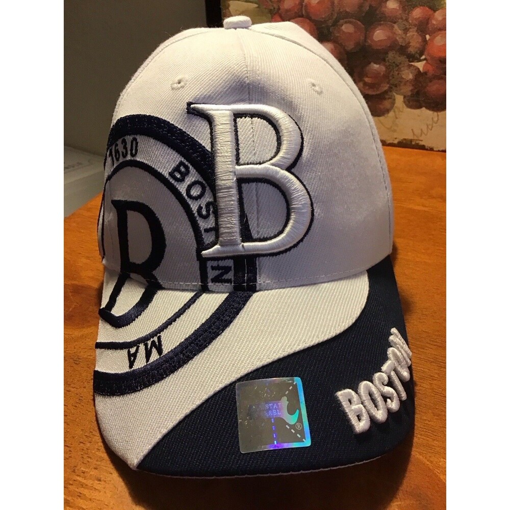 Bay State Apparel Embroidered BOSTON, MA Hat Cap White & Blue, Adjustable NWOT